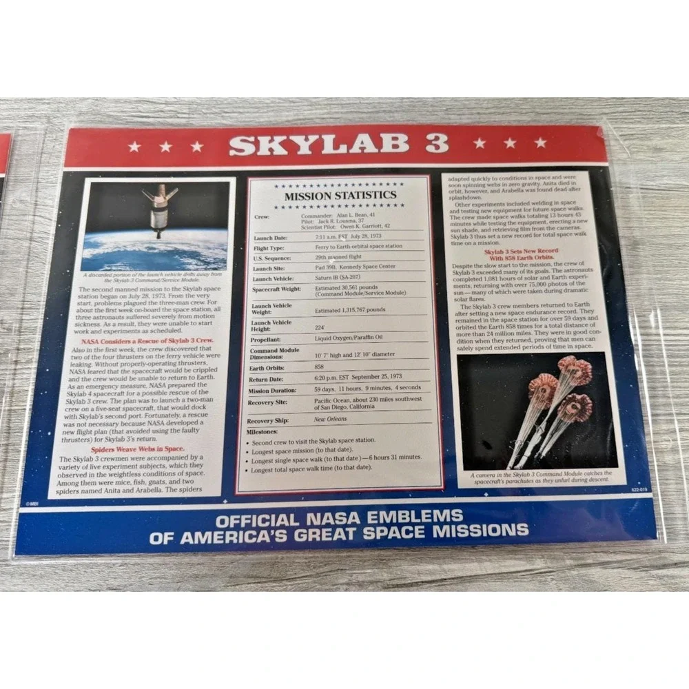 3 Vtg Official NASA Emblem Patch SKYLAB 2, 3 & 4 With Mission Data Card Facts